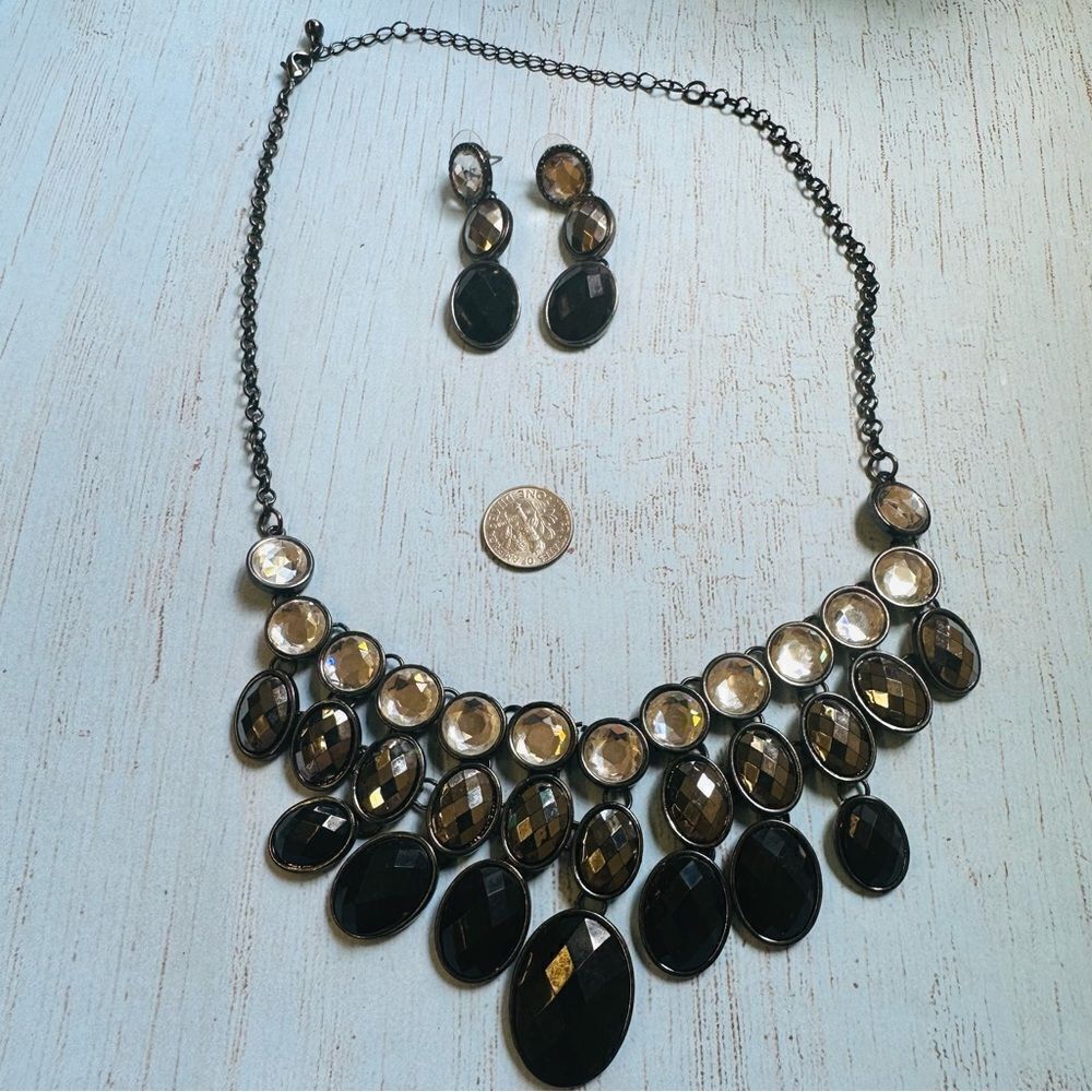 Gunmetal Black Gray Clear Crystal Necklace Earrings Set